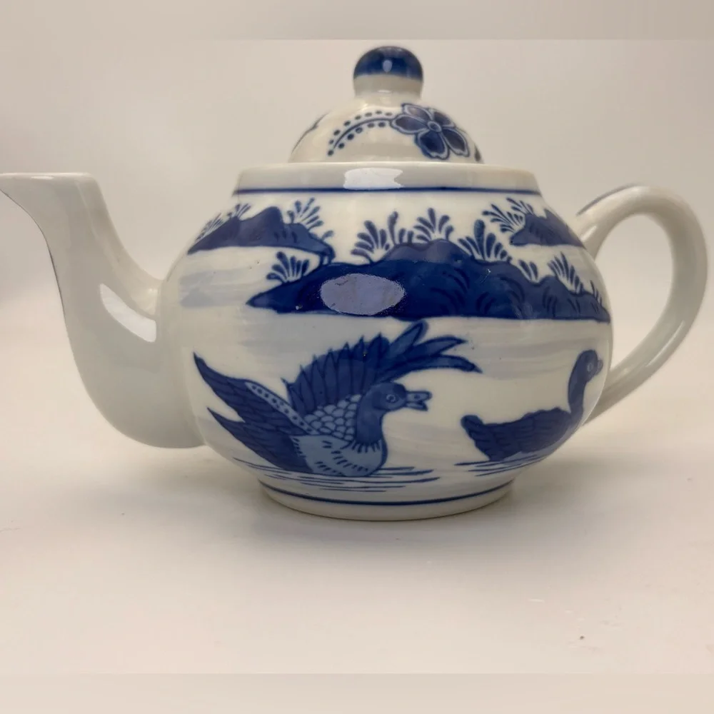 Vintage Blue and White Chinoiserie Ceramic Teapot with Ducks on Pond